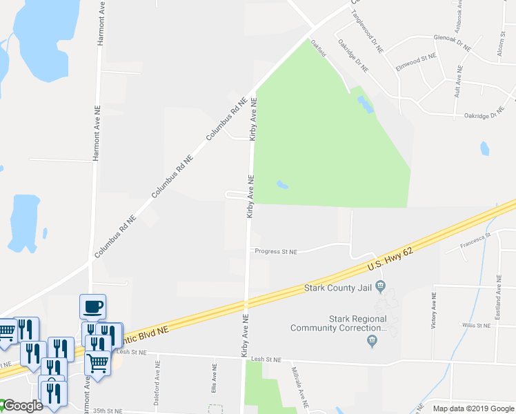map of restaurants, bars, coffee shops, grocery stores, and more near 4656 Kirby Avenue Northeast in Canton