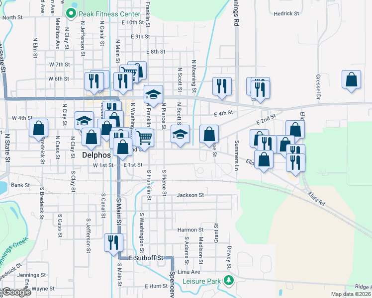 map of restaurants, bars, coffee shops, grocery stores, and more near 535 E 2nd St in Delphos
