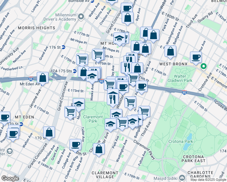 map of restaurants, bars, coffee shops, grocery stores, and more near 1686 Clay Avenue in Bronx