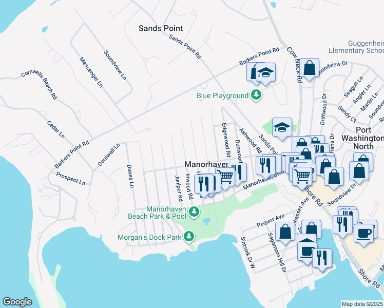 map of restaurants, bars, coffee shops, grocery stores, and more near 40 Hickory Road in Port Washington