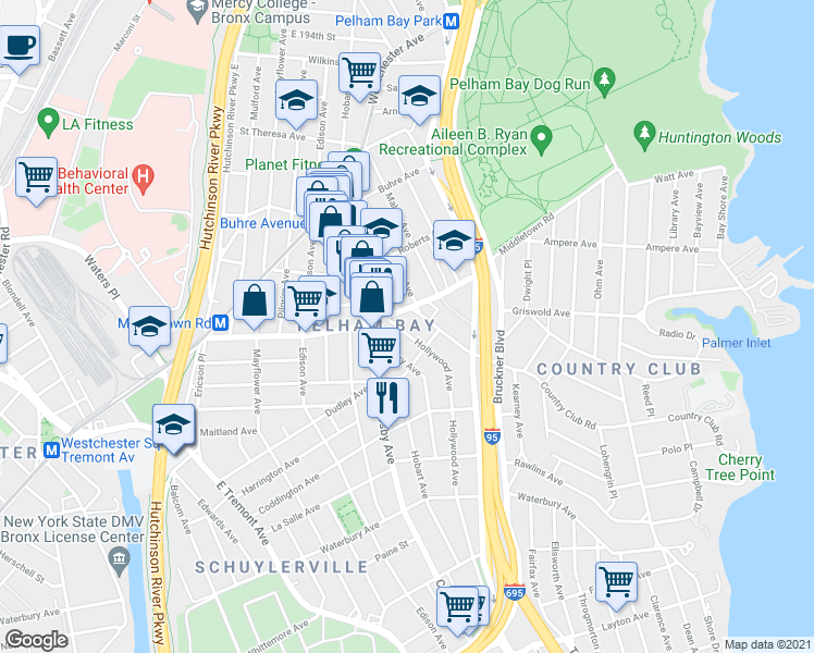 map of restaurants, bars, coffee shops, grocery stores, and more near 1562 Hollywood Avenue in Bronx