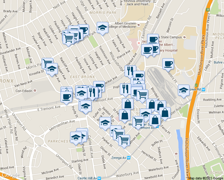 map of restaurants, bars, coffee shops, grocery stores, and more near 2541 East Tremont Avenue in The Bronx