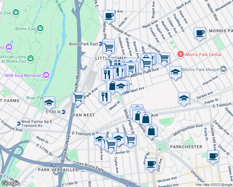 map of restaurants, bars, coffee shops, grocery stores, and more near in The Bronx