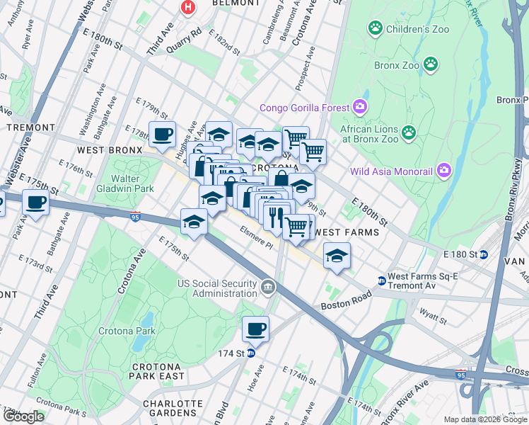 map of restaurants, bars, coffee shops, grocery stores, and more near in The Bronx