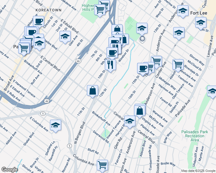 map of restaurants, bars, coffee shops, grocery stores, and more near 340 12th Street in Palisades Park