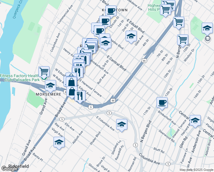 map of restaurants, bars, coffee shops, grocery stores, and more near 118B East Homestead Avenue in Palisades Park