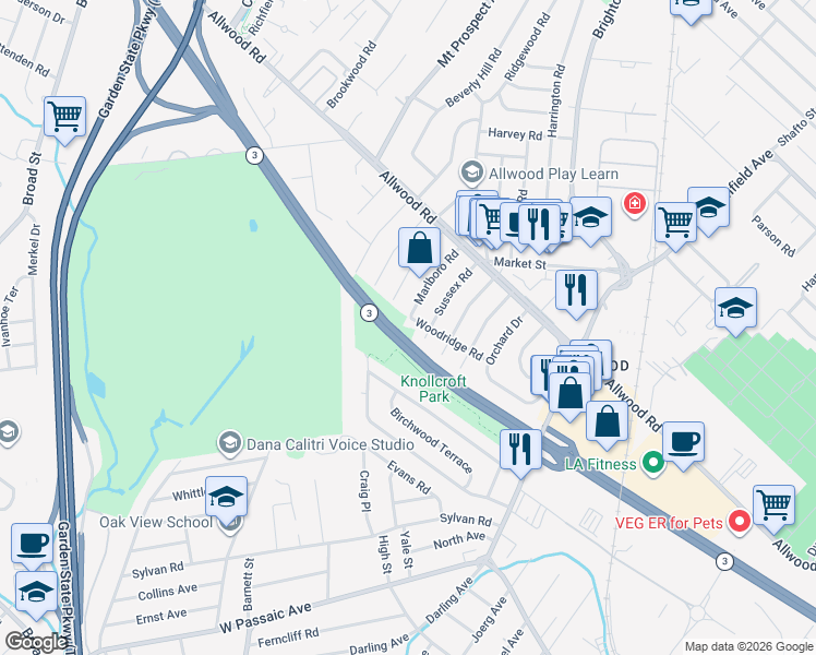 map of restaurants, bars, coffee shops, grocery stores, and more near 80 Sussex Road in Clifton