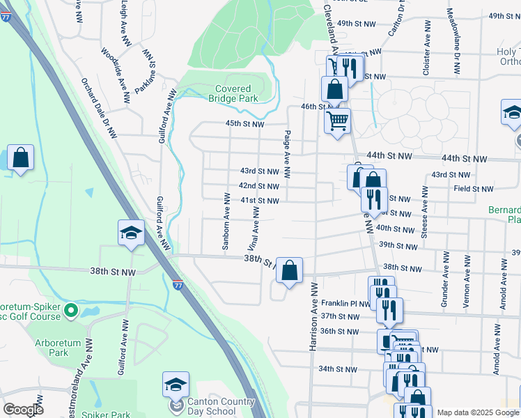 map of restaurants, bars, coffee shops, grocery stores, and more near 2333 Brookdale Street Northwest in Canton
