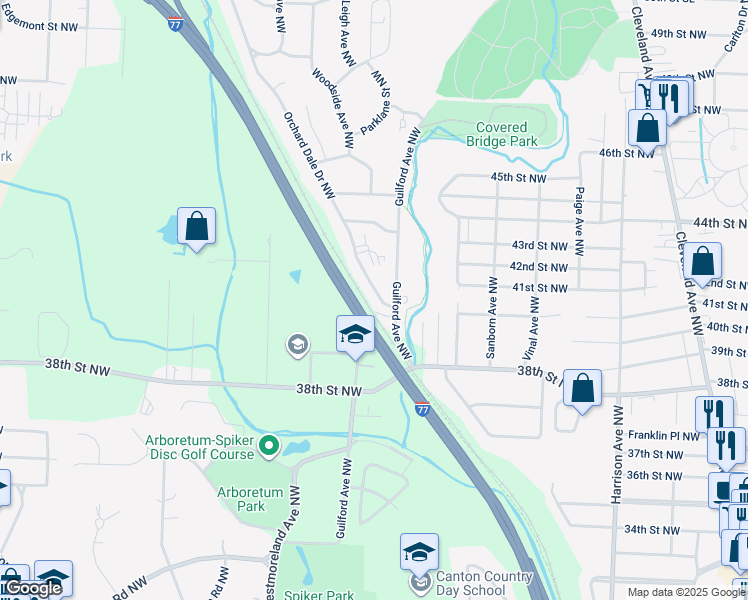 map of restaurants, bars, coffee shops, grocery stores, and more near 4027 Guilford Avenue Northwest in Canton