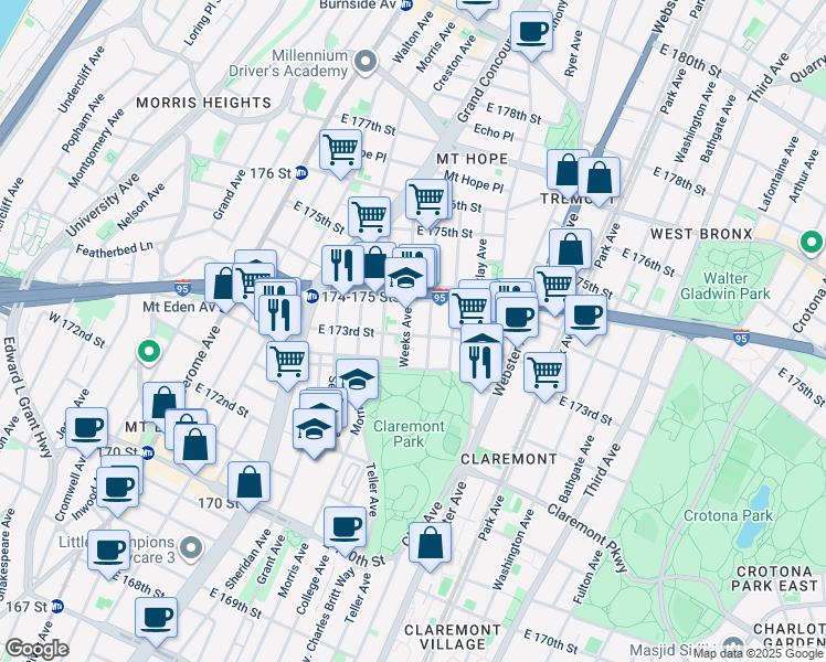 map of restaurants, bars, coffee shops, grocery stores, and more near 1665 Weeks Avenue in Bronx