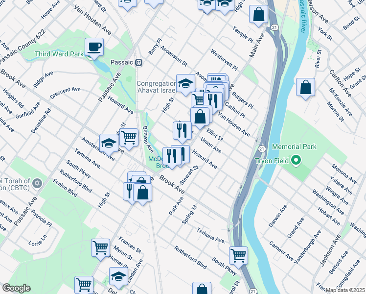 map of restaurants, bars, coffee shops, grocery stores, and more near 121 Main Avenue in Passaic