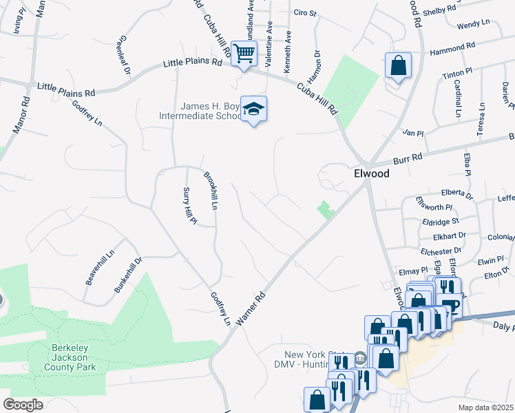 map of restaurants, bars, coffee shops, grocery stores, and more near 17 Warner Court in Huntington