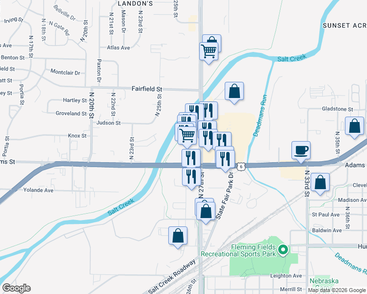 map of restaurants, bars, coffee shops, grocery stores, and more near 2662 Cornhusker Hwy in Lincoln