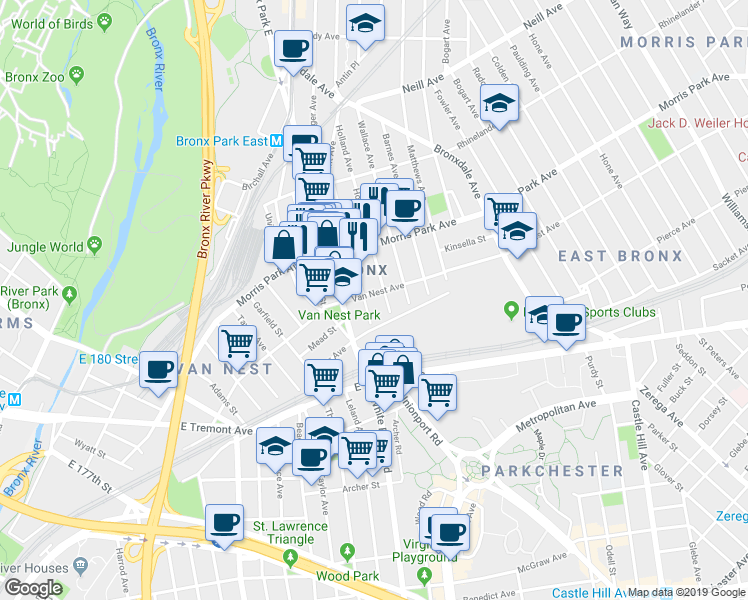 map of restaurants, bars, coffee shops, grocery stores, and more near 732 Van Nest Avenue in Bronx