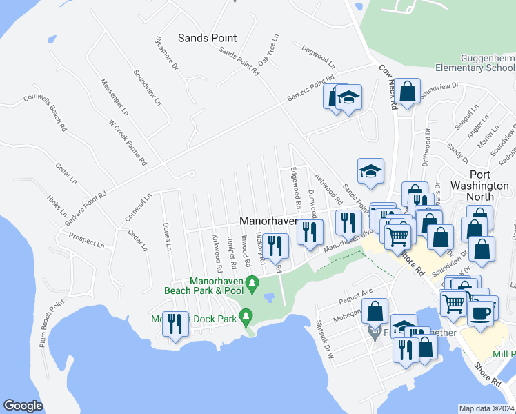 map of restaurants, bars, coffee shops, grocery stores, and more near 54 Hickory Road in Port Washington