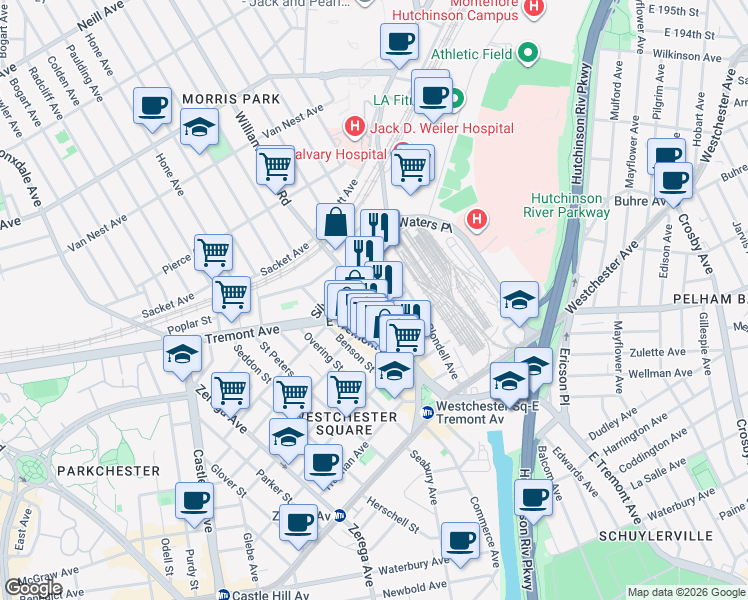 map of restaurants, bars, coffee shops, grocery stores, and more near 2601 Saint Raymond Avenue in Bronx