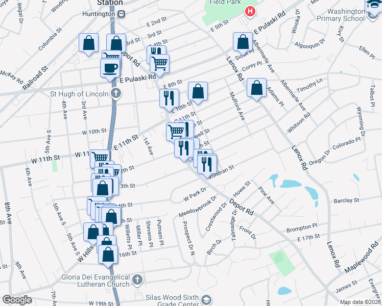map of restaurants, bars, coffee shops, grocery stores, and more near 61 East 12th Street in Huntington Station