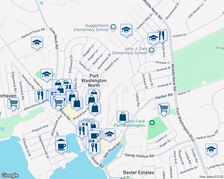 map of restaurants, bars, coffee shops, grocery stores, and more near 125 Pond View Drive in Port Washington North