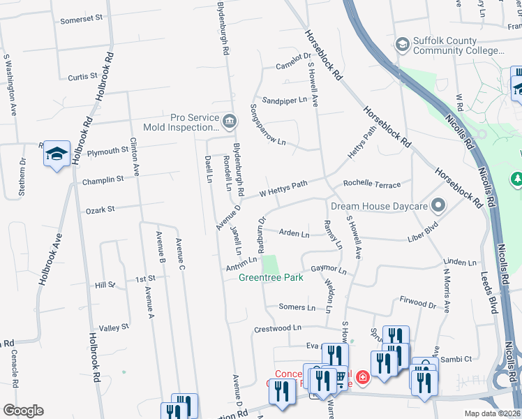 map of restaurants, bars, coffee shops, grocery stores, and more near 29 Radburn Drive in Farmingville