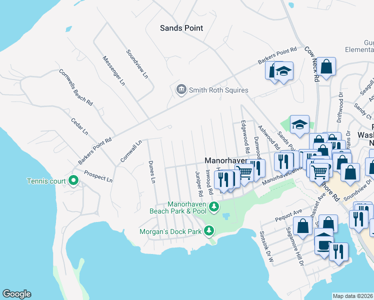 map of restaurants, bars, coffee shops, grocery stores, and more near 50 Linwood Road North in Port Washington