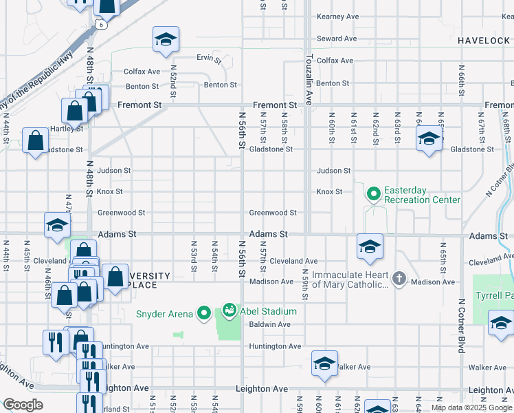 map of restaurants, bars, coffee shops, grocery stores, and more near 5627 Greenwood Street in Lincoln