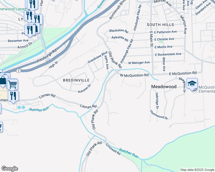 map of restaurants, bars, coffee shops, grocery stores, and more near 87 Old Plank Road in Butler