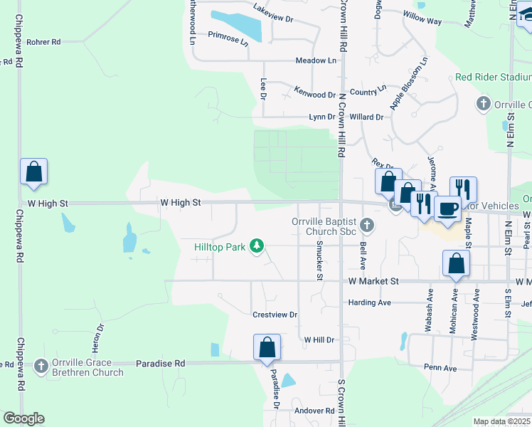 map of restaurants, bars, coffee shops, grocery stores, and more near 1854 West High Street in Orrville