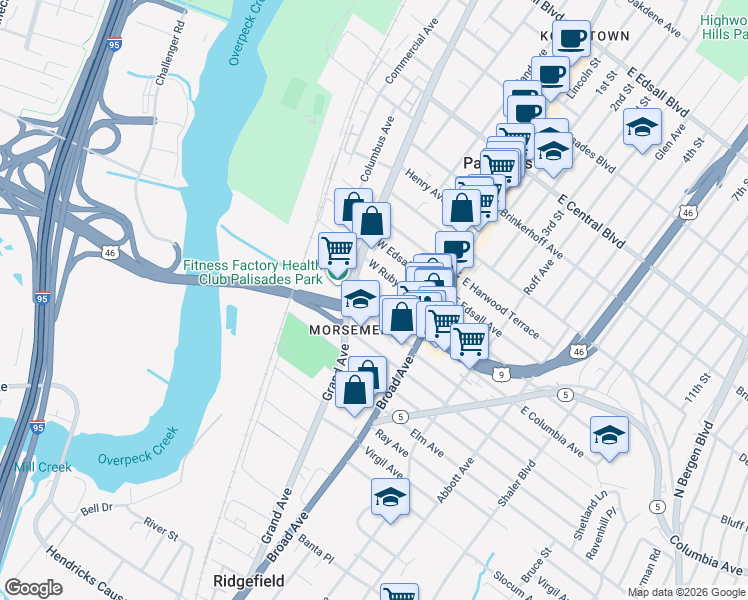 map of restaurants, bars, coffee shops, grocery stores, and more near in Ridgefield