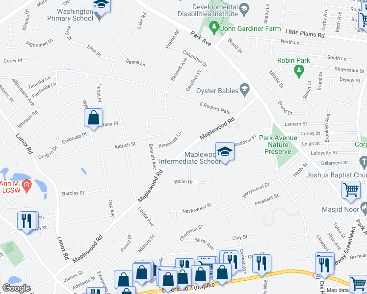 map of restaurants, bars, coffee shops, grocery stores, and more near 303 Maplewood Road in Huntington Station