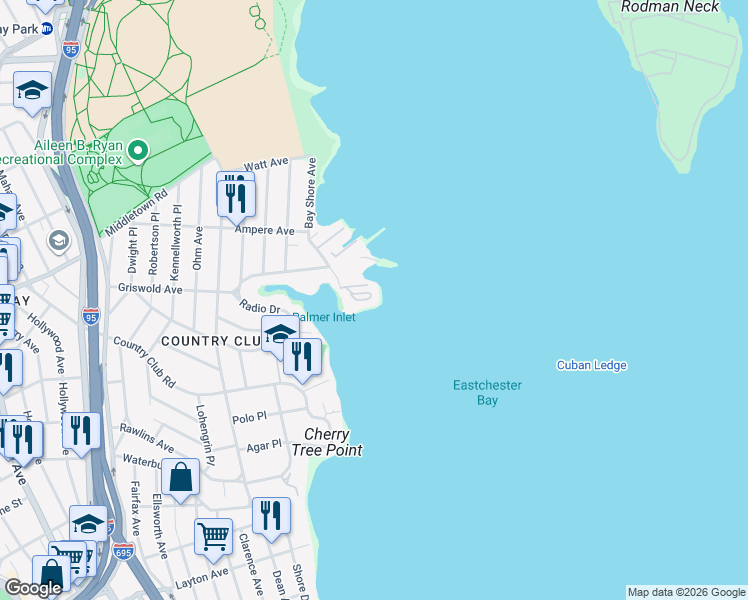 map of restaurants, bars, coffee shops, grocery stores, and more near 143844 Outlook Avenue in Bronx
