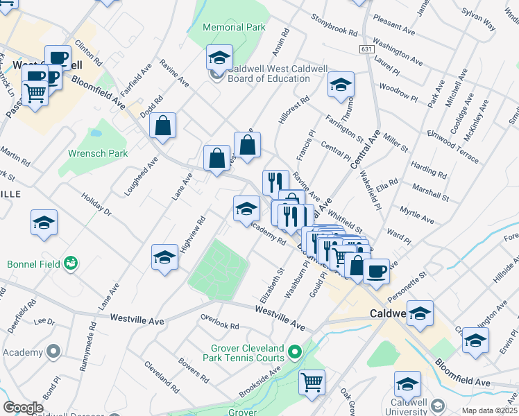 map of restaurants, bars, coffee shops, grocery stores, and more near 510 Bloomfield Avenue in Caldwell