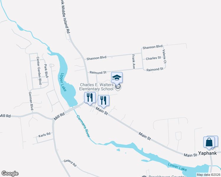 map of restaurants, bars, coffee shops, grocery stores, and more near 21 Everett Drive in Yaphank