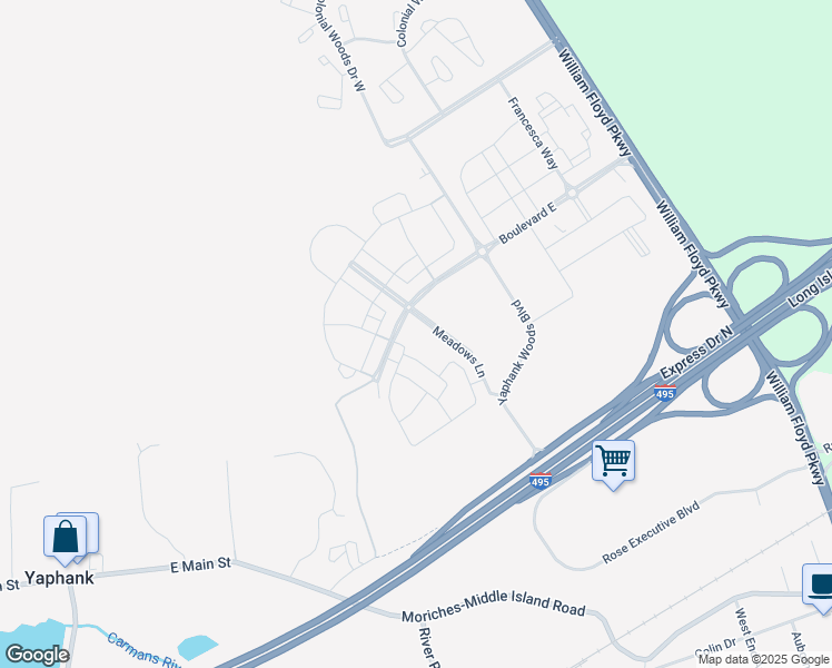 map of restaurants, bars, coffee shops, grocery stores, and more near 1 Meadows Lane in Yaphank