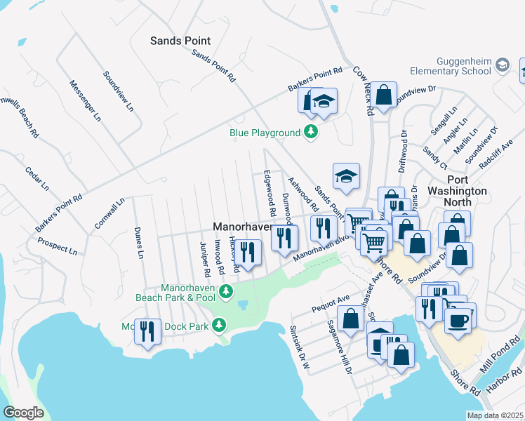 map of restaurants, bars, coffee shops, grocery stores, and more near 37 Edgewood Road in Port Washington