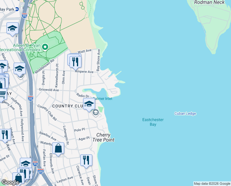 map of restaurants, bars, coffee shops, grocery stores, and more near 143844 Outlook Avenue in Bronx