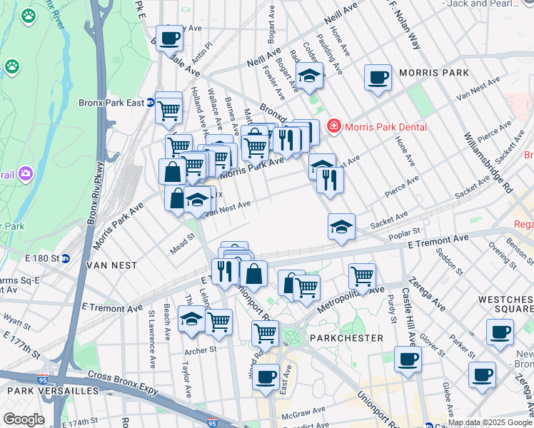 map of restaurants, bars, coffee shops, grocery stores, and more near 1650 Barnes Avenue in Bronx