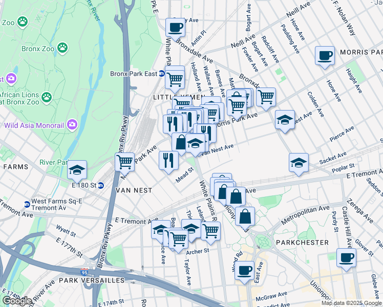 map of restaurants, bars, coffee shops, grocery stores, and more near in The Bronx
