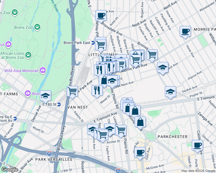 map of restaurants, bars, coffee shops, grocery stores, and more near in The Bronx