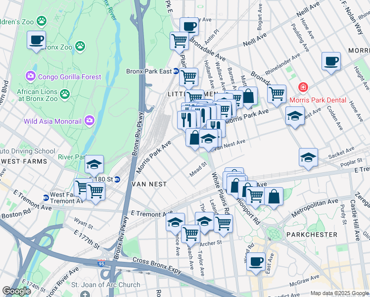 map of restaurants, bars, coffee shops, grocery stores, and more near 1714 Fillmore Street in The Bronx