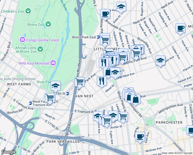 map of restaurants, bars, coffee shops, grocery stores, and more near in The Bronx