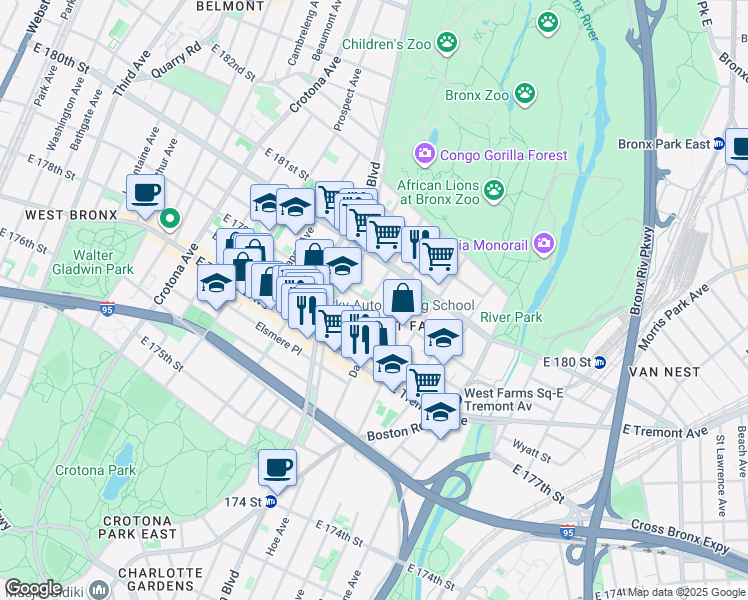 map of restaurants, bars, coffee shops, grocery stores, and more near 2061 Daly Avenue in Bronx