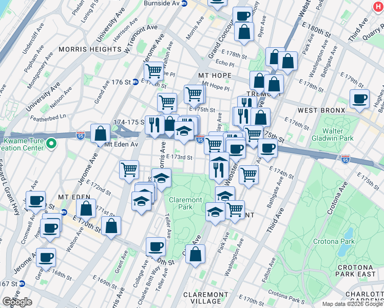 map of restaurants, bars, coffee shops, grocery stores, and more near in The Bronx