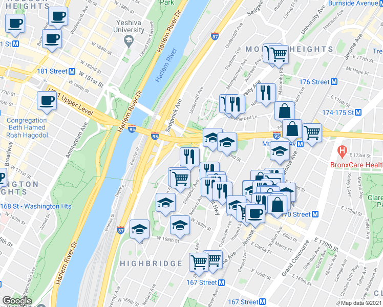 map of restaurants, bars, coffee shops, grocery stores, and more near 1457 Ogden Avenue in The Bronx