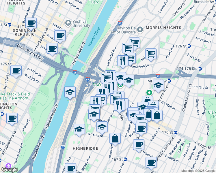 map of restaurants, bars, coffee shops, grocery stores, and more near 1430 Merriam Avenue in Bronx