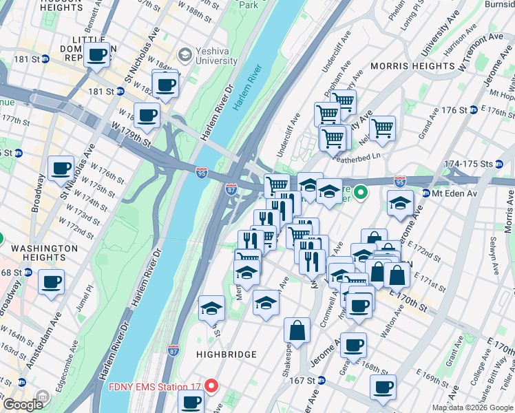 map of restaurants, bars, coffee shops, grocery stores, and more near 1430 Merriam Avenue in Bronx