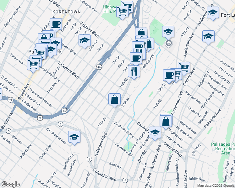 map of restaurants, bars, coffee shops, grocery stores, and more near 329 Bergen Boulevard in Palisades Park
