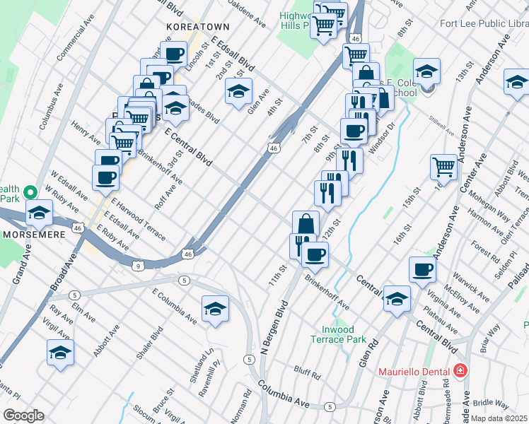 map of restaurants, bars, coffee shops, grocery stores, and more near 266 8th Street in Palisades Park