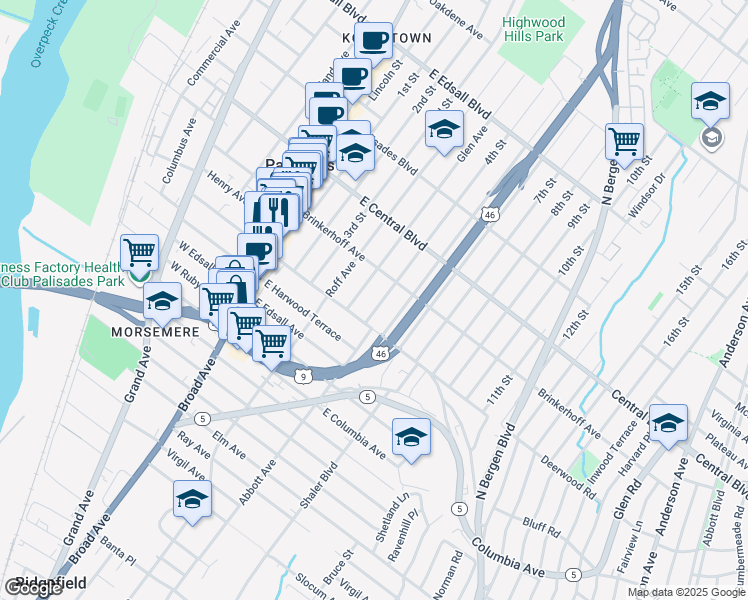 map of restaurants, bars, coffee shops, grocery stores, and more near 210 4th Street in Palisades Park