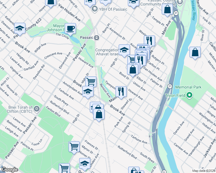map of restaurants, bars, coffee shops, grocery stores, and more near 29 Tennyson Place in Passaic