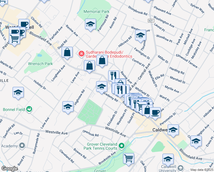 map of restaurants, bars, coffee shops, grocery stores, and more near 33-45 Academy Road in Caldwell